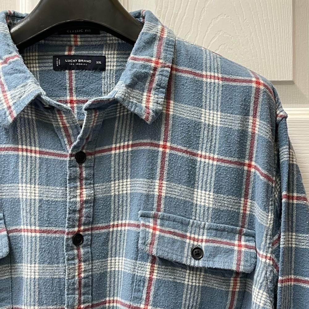 LUCKY BRAND Mens 2XL Blue/Red Plaid Flannel Long Sleeve Shirt Double Pocket
